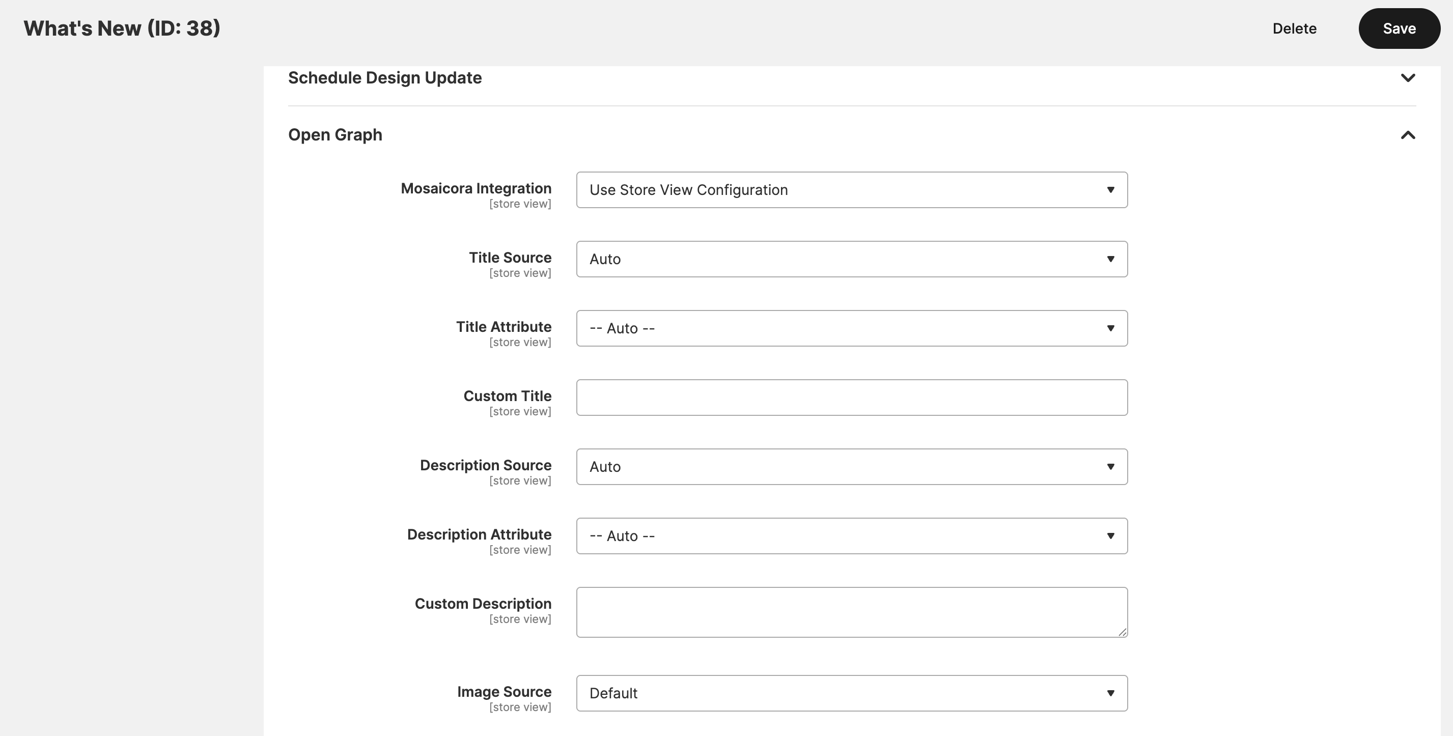 Magento category editor showing Mosaicora Open Graph configuration fields.