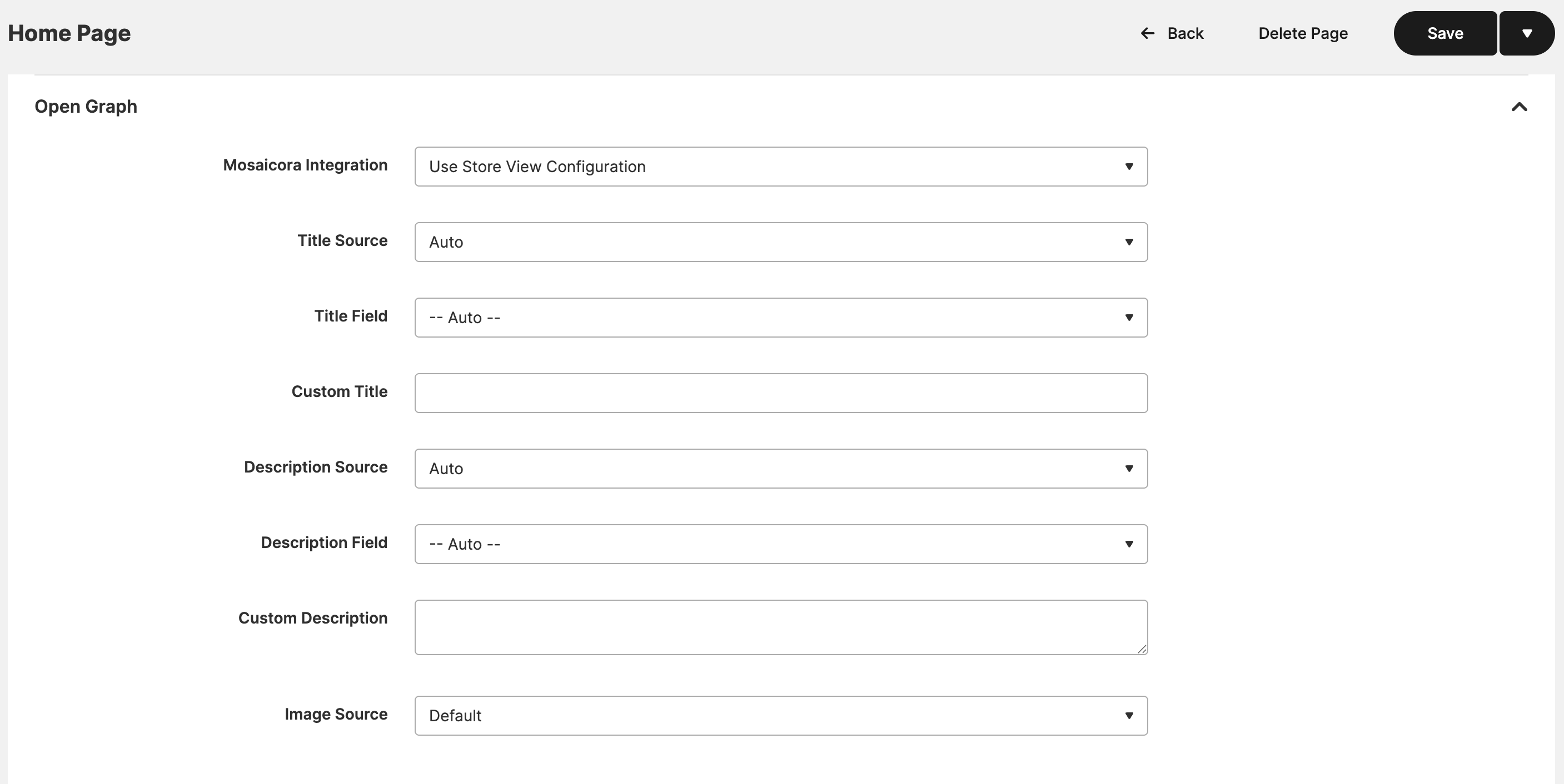 Magento CMS page editor showing Mosaicora Open Graph configuration fields.