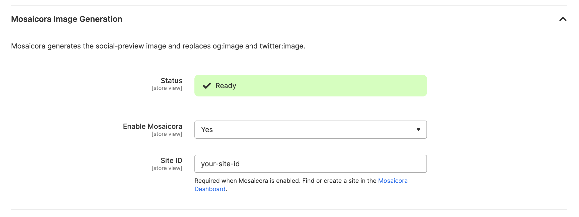 Magento Admin Mosaicora Image Generation settings with status, enable control, and Site ID field.