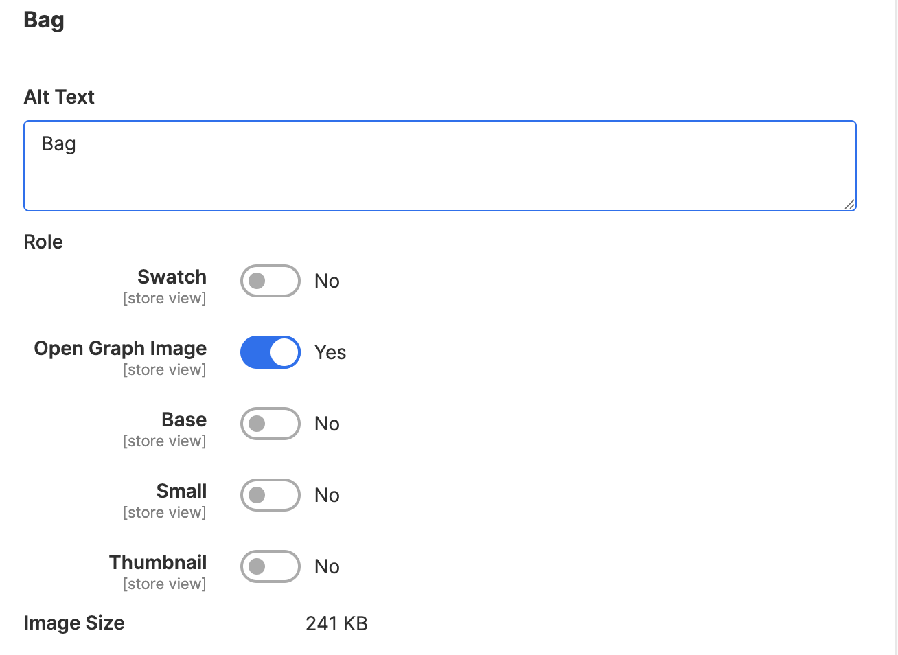 Magento product image editor with the Open Graph Image role enabled while the standard Swatch, Base, Small, and Thumbnail roles remain disabled