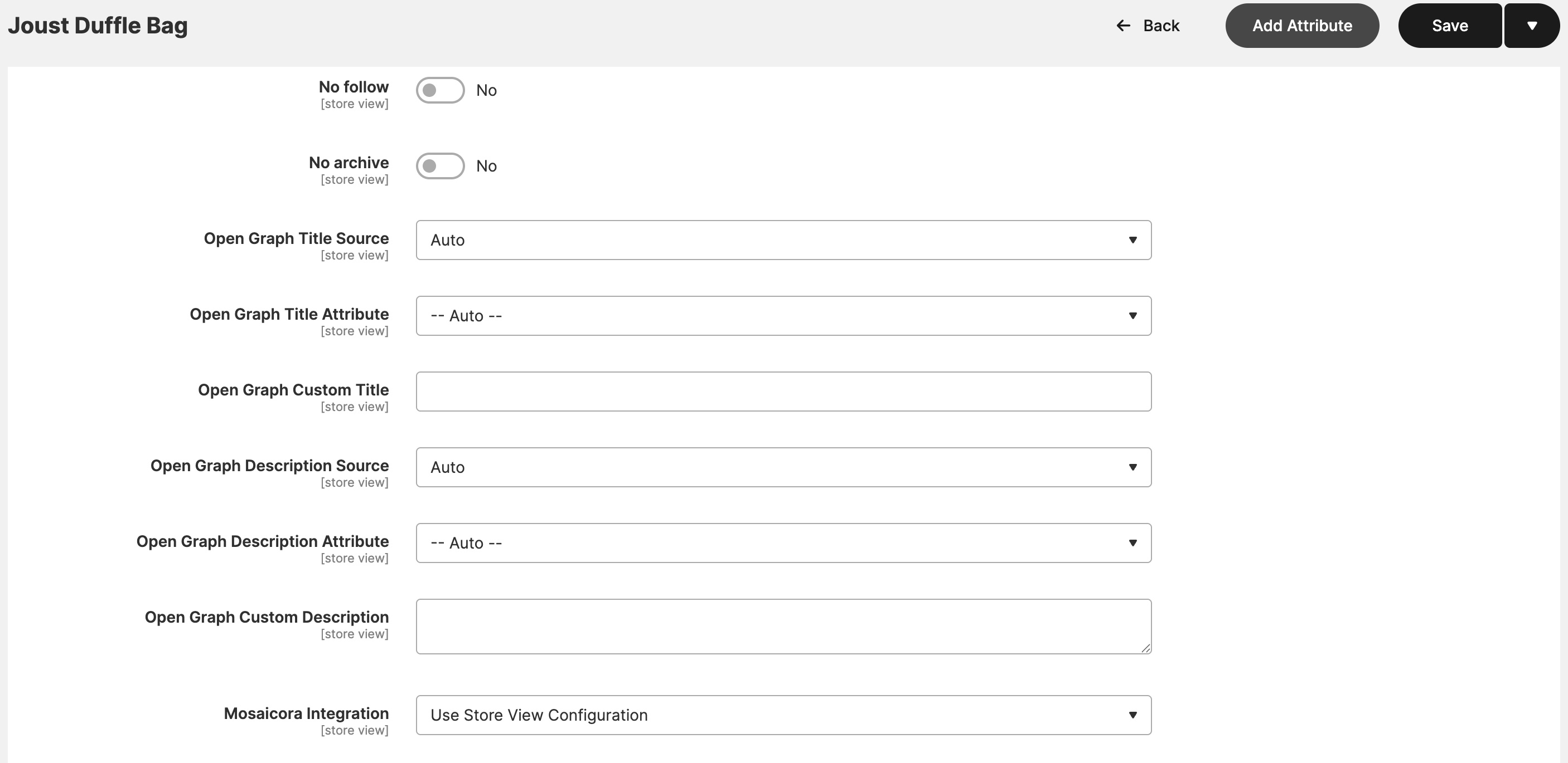 Magento product editor showing Mosaicora Open Graph configuration fields.