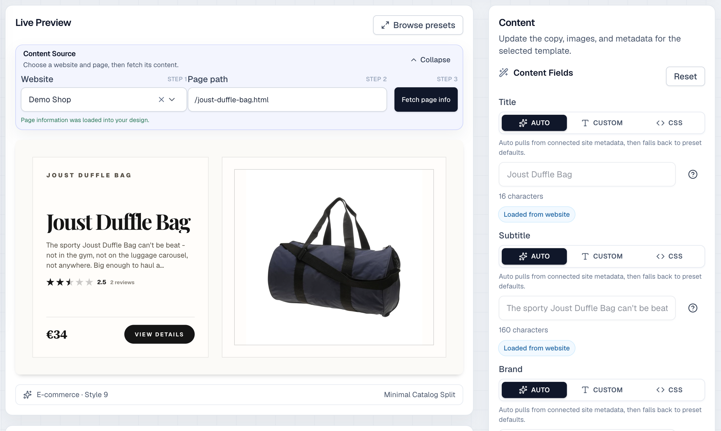 Mosaicora OG Designer showing a live storefront preview, preset selector, and content customization controls.