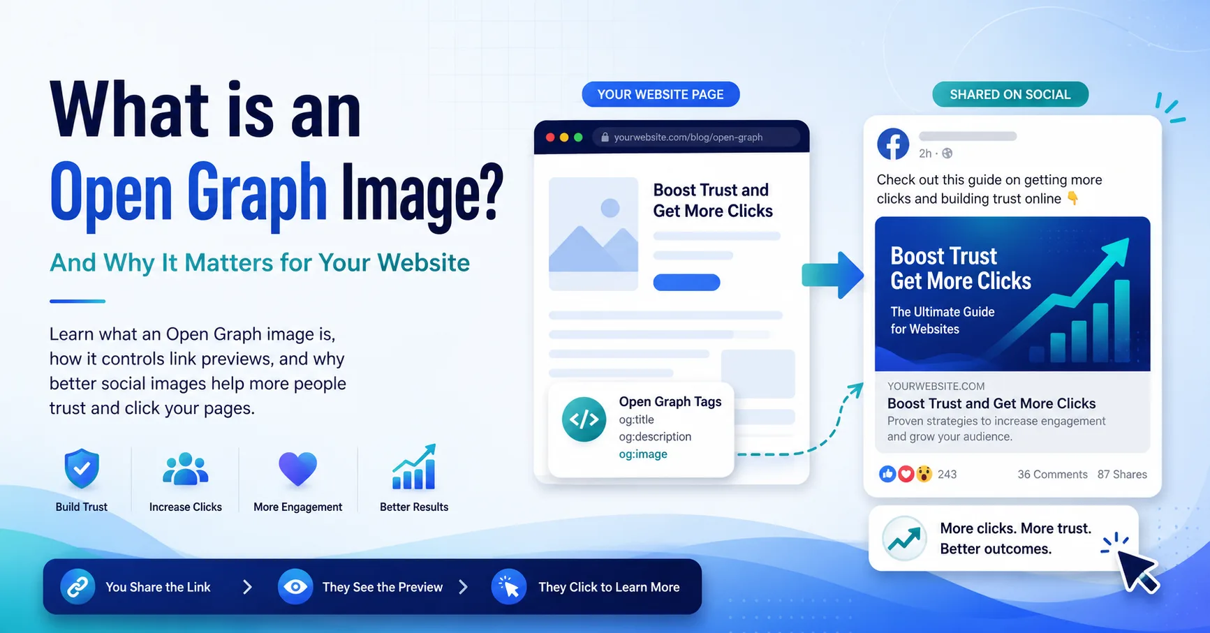 Diagram showing a website page becoming a clearer branded social media link preview
