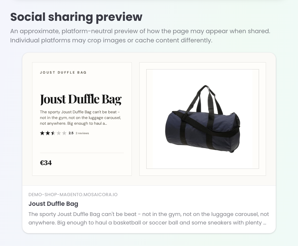Magento product page with a rich social sharing preview