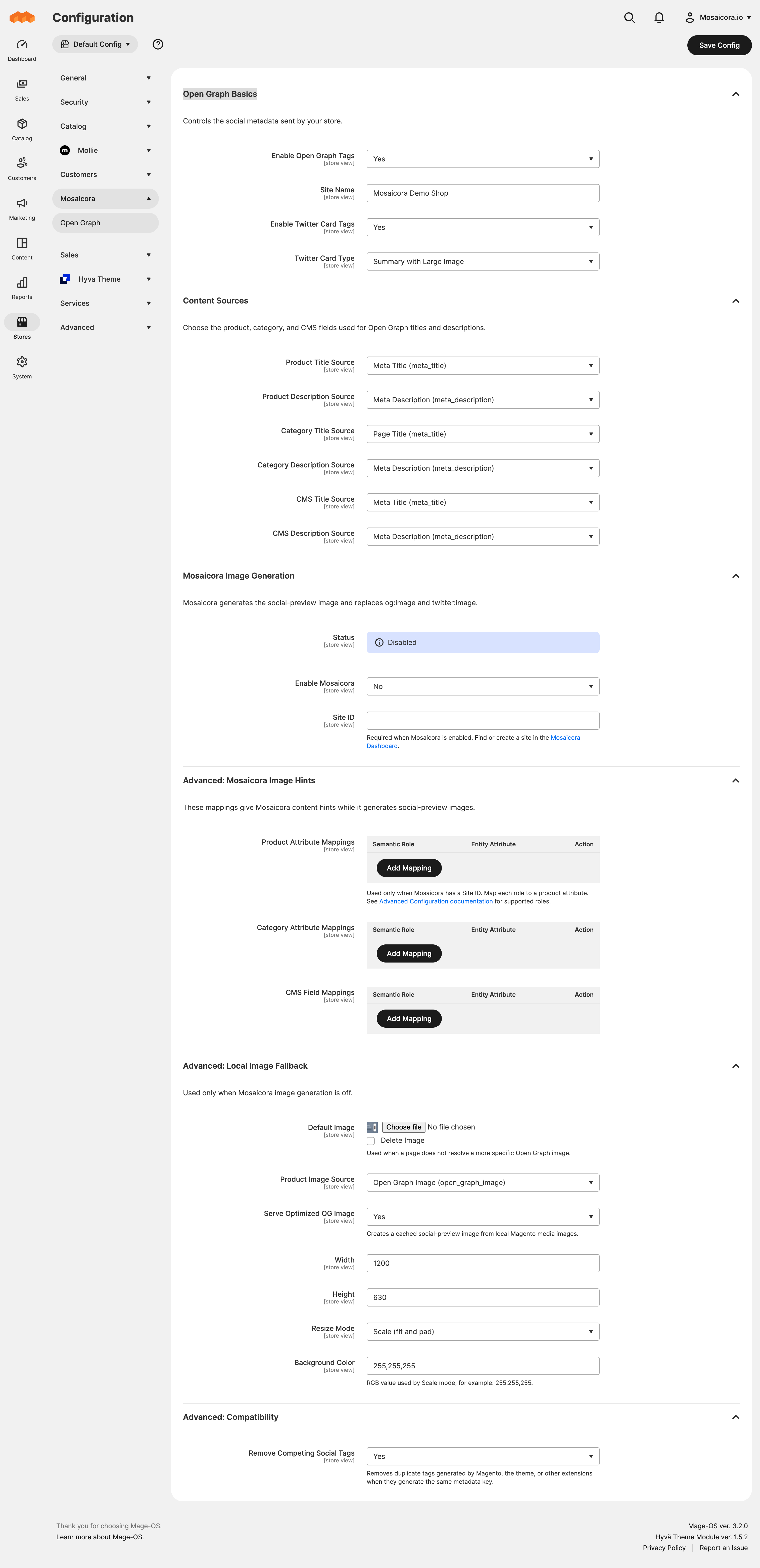 Magento Admin configuration for Mosaicora Open Graph settings.