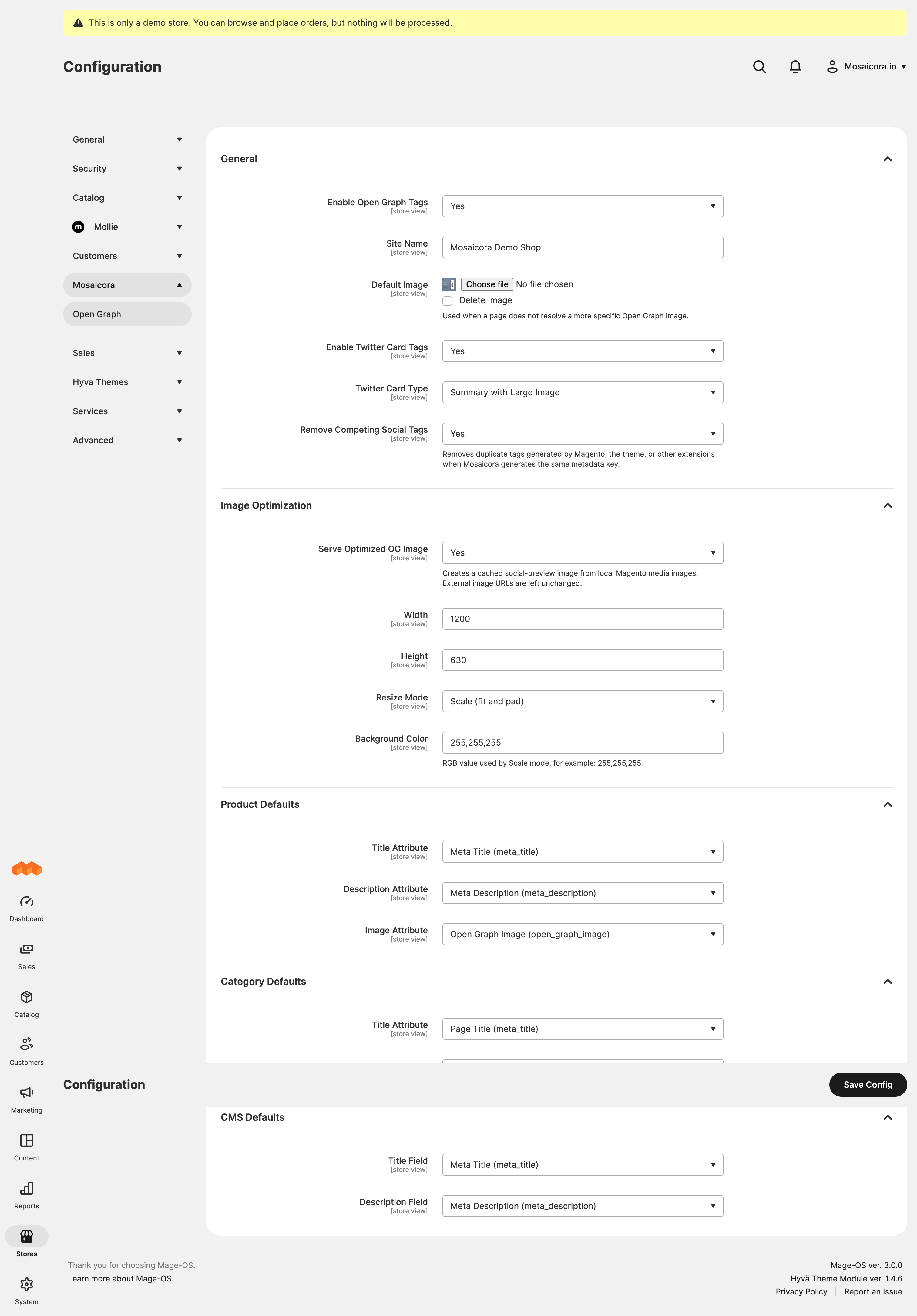 Magento Stores Configuration page for Mosaicora Open Graph showing General, Image Optimization, Product Defaults, Category Defaults, and CMS Defaults settings